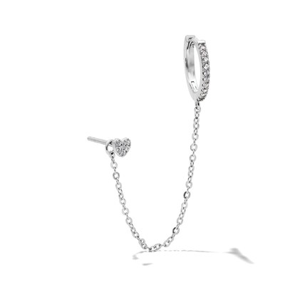 Solid Sterling Silver CZ Heart Stud and Huggie with Chain
