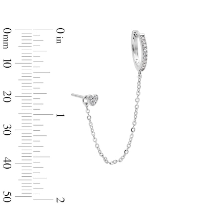 Solid Sterling Silver CZ Heart Stud and Huggie with Chain