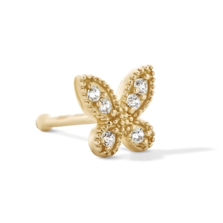 10K Solid Gold CZ Butterfly Bone-Style Nose Stud - 22G 1/2"