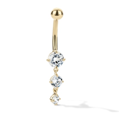 10K Hollow Gold and Yellow Ion-Plated CZ Three Stone Dangle Belly Ring - 14G 3/8"
