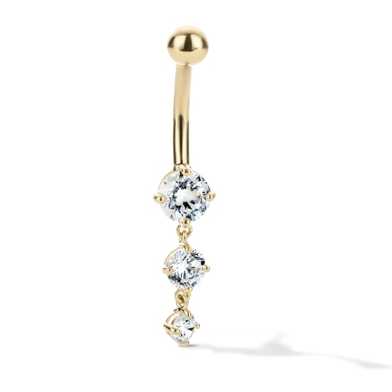 10K Hollow Gold and Yellow Ion-Plated CZ Three Stone Dangle Belly Ring - 14G 3/8"