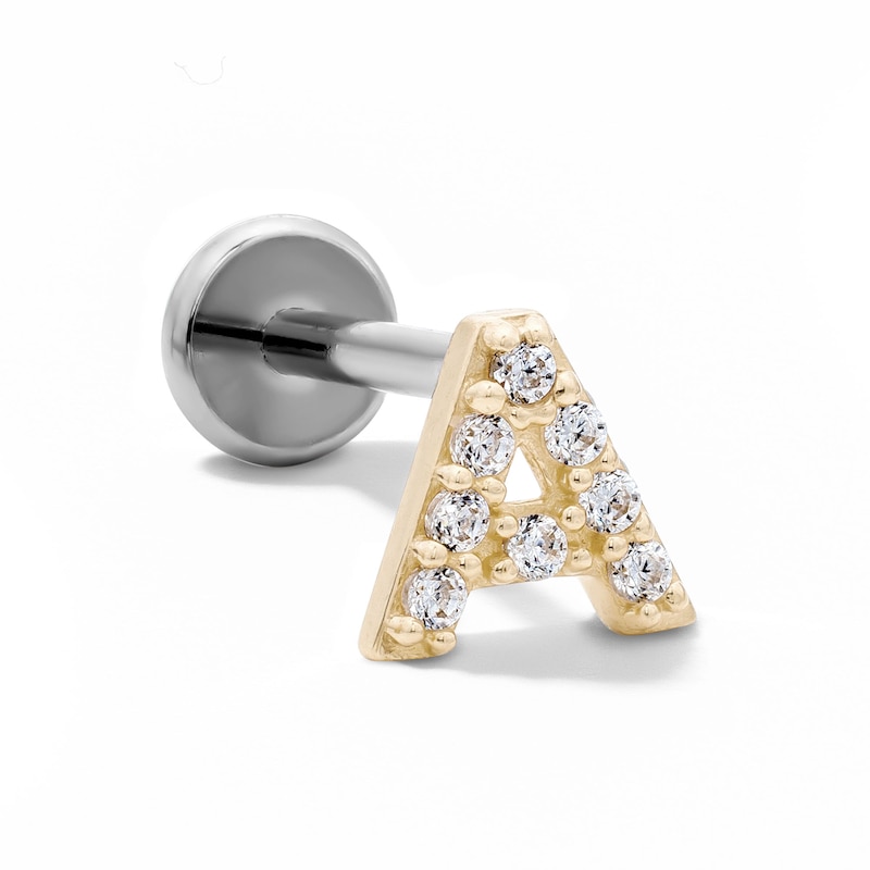 Main Image 1 of 14K Gold and Titanium CZ "A" Initial Stud – 18G 5/16"