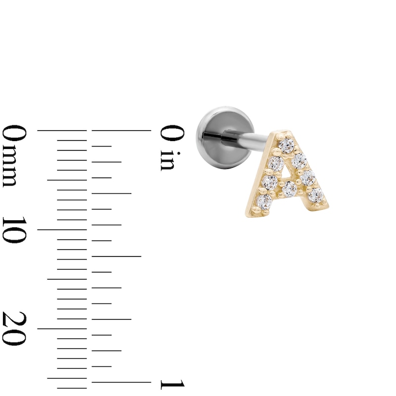 Main Image 2 of 14K Gold and Titanium CZ "A" Initial Stud – 18G 5/16"