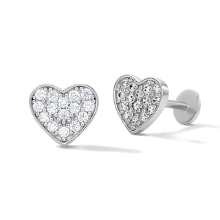 Solid Sterling Silver CZ Pavé Heart Flat Back Studs