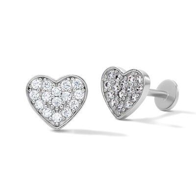 Solid Sterling Silver CZ Pavé Heart Flat Back Studs