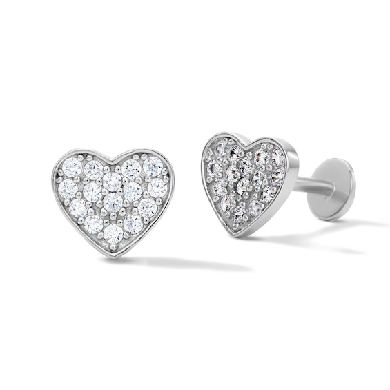 Solid Sterling Silver CZ Pavé Heart Flat Back Studs