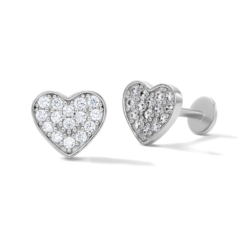 Solid Sterling Silver CZ Pavé Heart Flat Back Studs