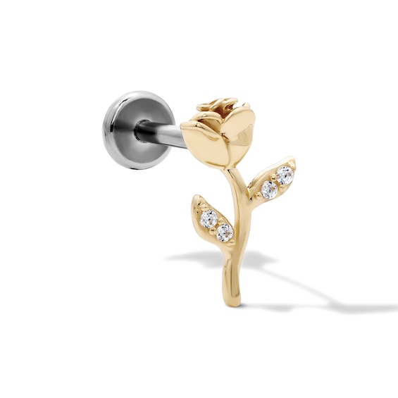 14K Hollow Gold and Titanium CZ Rose Stud - 18G 5/16"