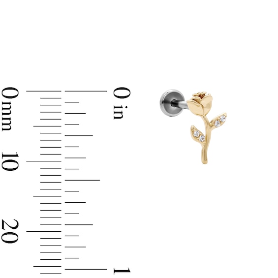 14K Hollow Gold and Titanium CZ Rose Stud - 18G 5/16"