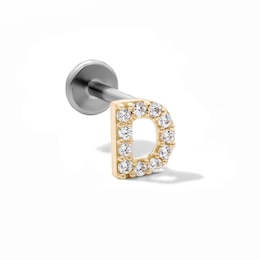 14K Hollow Gold and Titanium CZ "D" Initial Stud - 18G 5/16"
