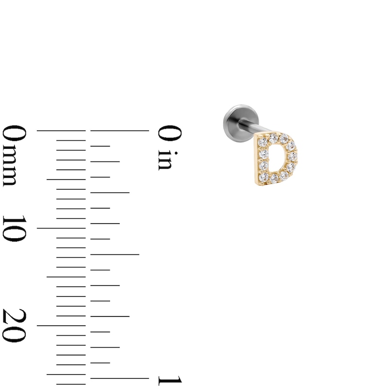 Main Image 2 of 14K Hollow Gold and Titanium CZ "D" Initial Stud - 18G 5/16"