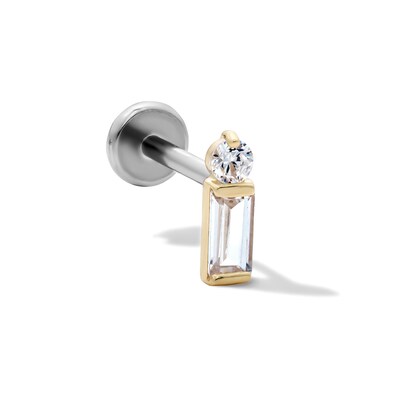 14K Hollow Gold and Titanium Baguette and Round CZ Stud - 18G 5/16"