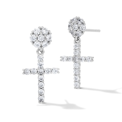 Solid Sterling Silver CZ Pavé Cross Drop Studs
