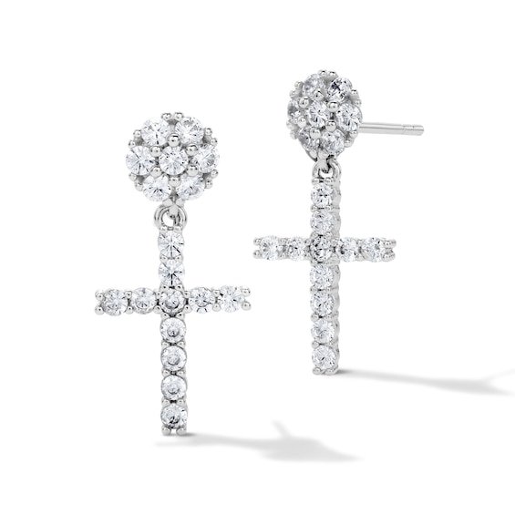 Solid Sterling Silver CZ Pavé Cross Drop Studs