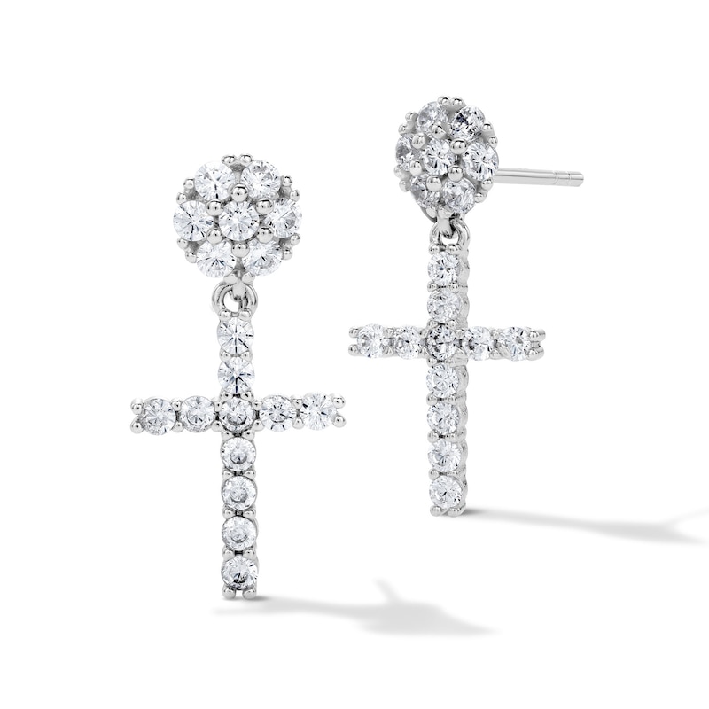 Main Image 1 of Solid Sterling Silver CZ Pavé Cross Drop Studs
