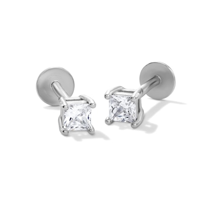 Solid Sterling Silver 3mm CZ Princess-Cut Flat Back Studs