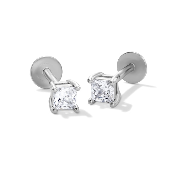 Solid Sterling Silver 3mm CZ Princess-Cut Flat Back Studs