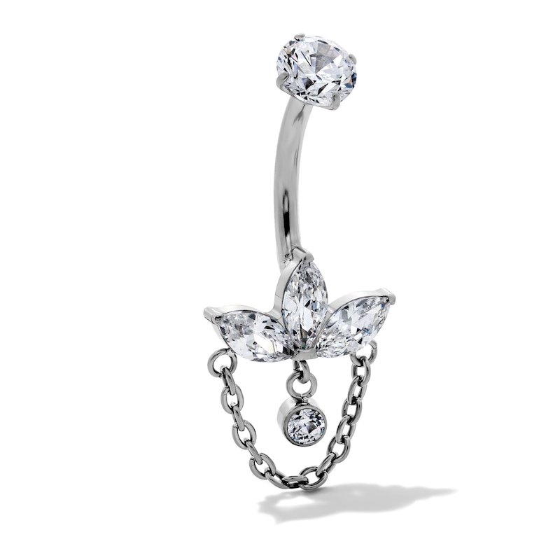 Main Image 1 of Titanium CZ Marquise Cluster Chain Dangle Belly Ring - 14G 7/8"