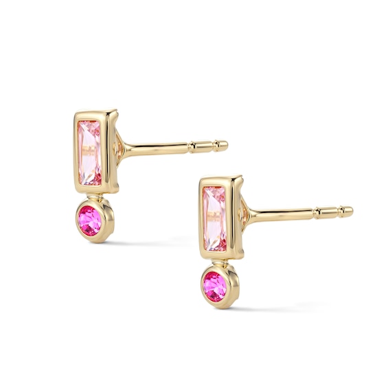 10K Semi-Solid Gold Baguette and Round Pink CZ Bezel Stacked Studs