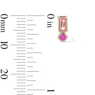 10K Semi-Solid Gold Baguette and Round Pink CZ Bezel Stacked Studs