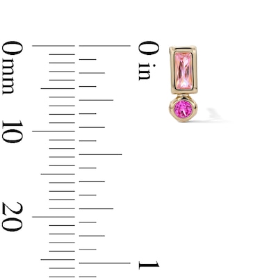 10K Semi-Solid Gold Baguette and Round Pink CZ Bezel Stacked Studs
