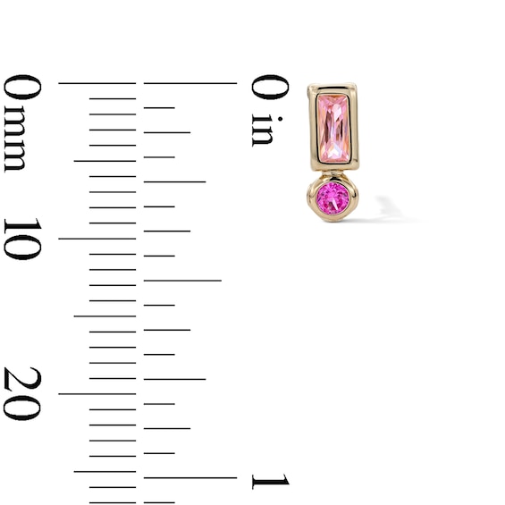 10K Semi-Solid Gold Baguette and Round Pink CZ Bezel Stacked Studs