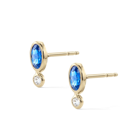 10K Semi-Solid Gold Oval Blue and Round White CZ Bezel Stacked Studs