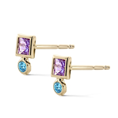 10K Semi-Solid Gold Square Purple and Round Blue CZ Bezel Stacked Studs