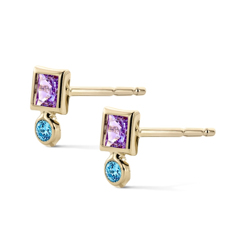 Main Image 1 of 10K Semi-Solid Gold Square Purple and Round Blue CZ Bezel Stacked Studs