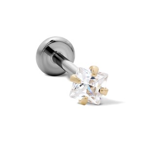 14K Solid Gold and Titanium 3mm Princess-Cut CZ Solitaire Stud - 18G 5/16"