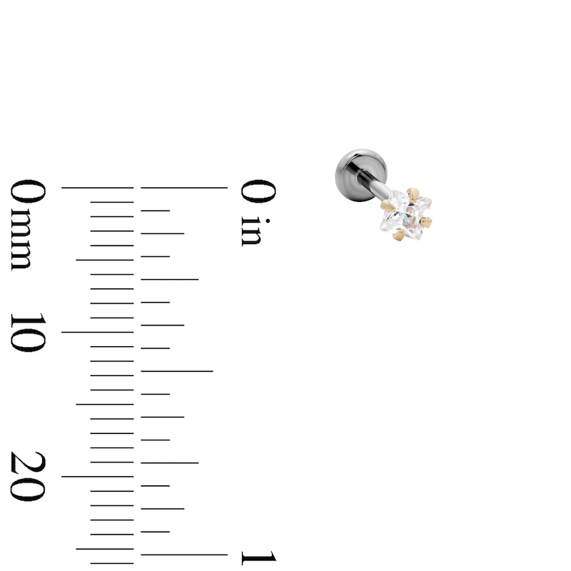 Main Image 2 of 14K Solid Gold and Titanium 3mm Princess-Cut CZ Solitaire Stud - 18G 5/16"