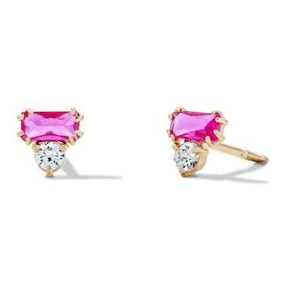 10K Semi-Solid Gold Pink and White CZ Baguette Two-Stone Studs