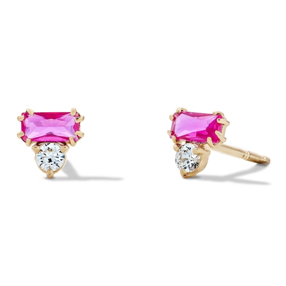 10K Semi-Solid Gold Pink and White CZ Baguette Two-Stone Studs