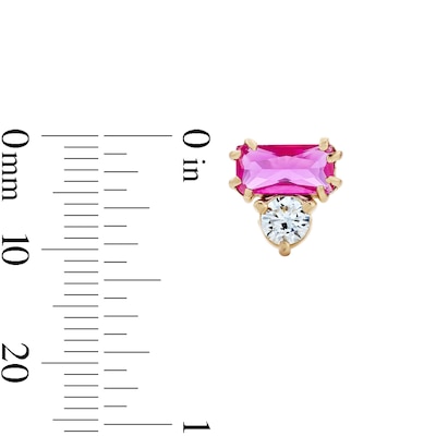 10K Semi-Solid Gold Pink and White CZ Baguette Two-Stone Studs