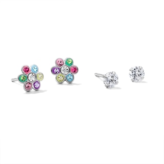 Solid Sterling Silver Round CZ Solitaire and Crystal Flower Stud Set