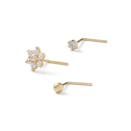 10K Semi-Solid Gold CZ Flower, Ball, and Solitaire L-Shaped Nose Stud Set - 24G 1/4"