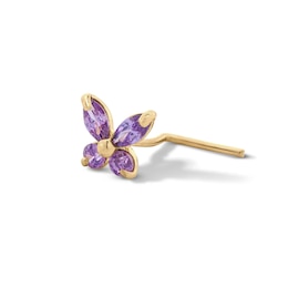 10K Semi-Solid Gold Purple CZ Butterfly L-Shaped Nose Stud - 24G 1/4"