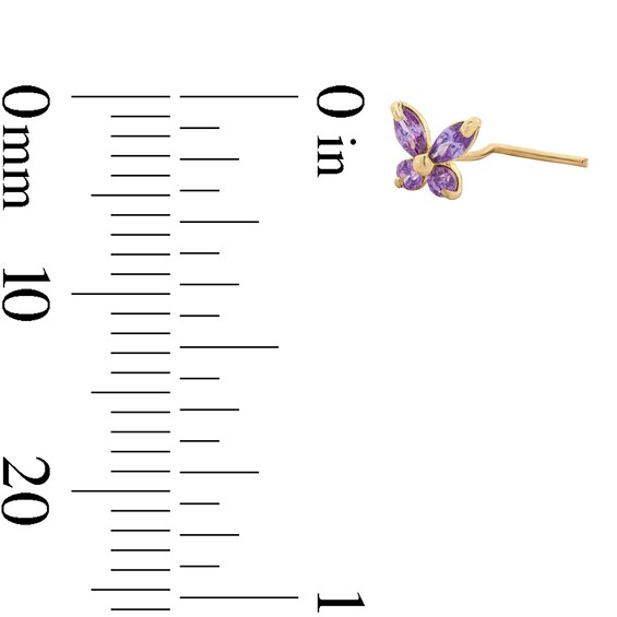 10K Semi-Solid Gold Purple CZ Butterfly L-Shaped Nose Stud - 24G 1/4"