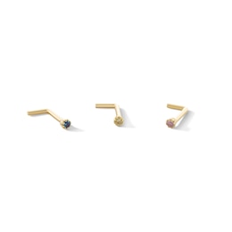 10K Semi-Solid Gold Pink, Yellow, and Blue CZ L-Shaped Nose Stud Set - 20G 5/16"