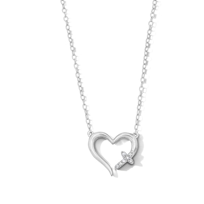 Solid Sterling Silver 1/20 CT. T.W. Lab-Grown Diamond Heart Cross Pendant - 18"