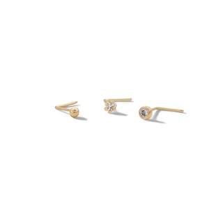 10K Solid Gold CZ Prong, Bezel, and Ball L-Shape Nose Stud Set - 24G 3/8"