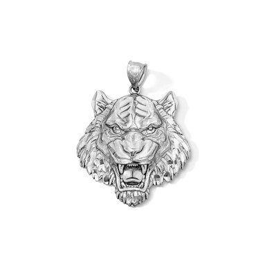 Solid Sterling Silver Diamond-Cut Tiger Head Necklace Charm