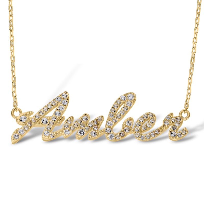 Main Image 1 of 14K Gold Plated Lab-Created Sapphire Cursive Name Necklace - 16" + 2"
