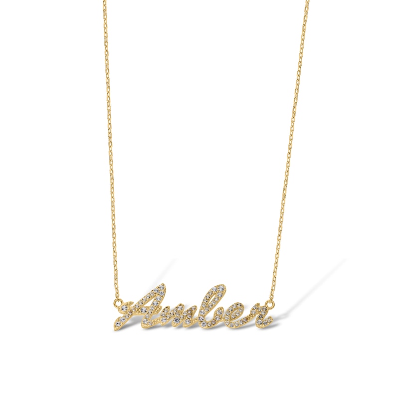 Main Image 2 of 14K Gold Plated Lab-Created Sapphire Cursive Name Necklace - 16" + 2"