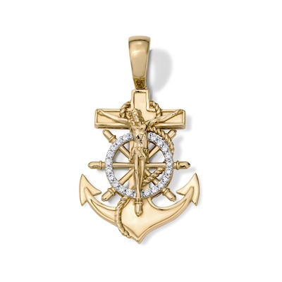 14K Gold Plated CZ Mariner Crucifix Necklace Charm