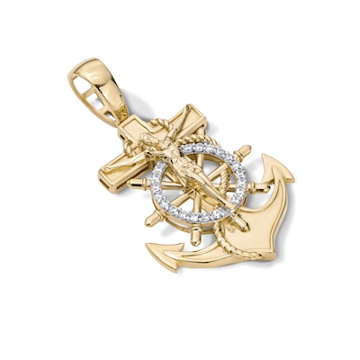 14K Gold Plated CZ Mariner Crucifix Necklace Charm