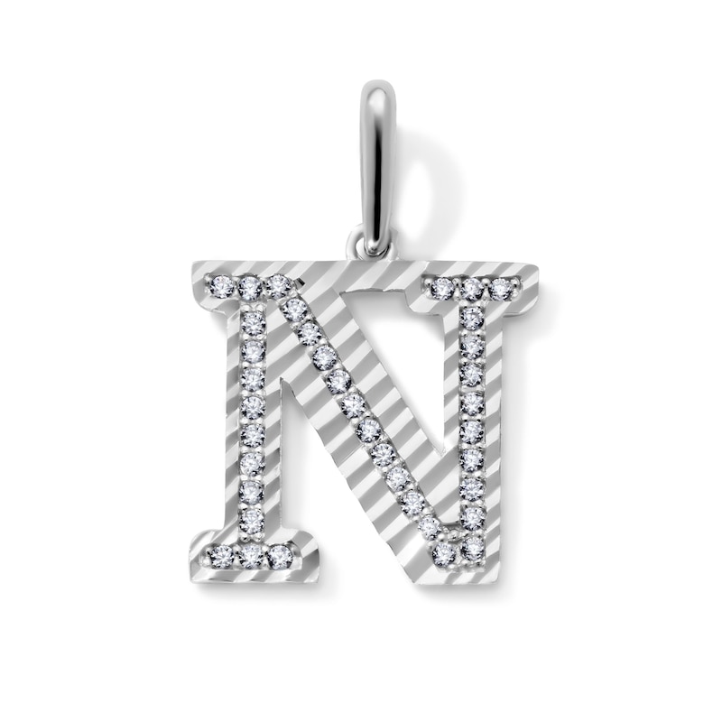 Solid Sterling Silver CZ Diamond Cut "N" Initial Necklace Charm