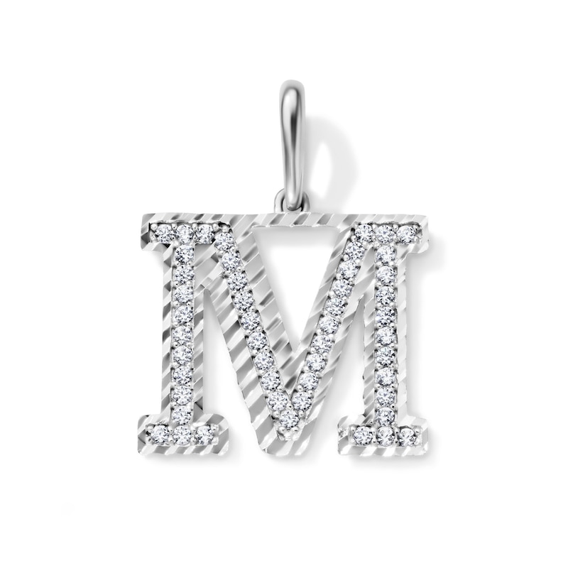 Solid Sterling Silver CZ Diamond Cut "M" Initial Necklace Charm