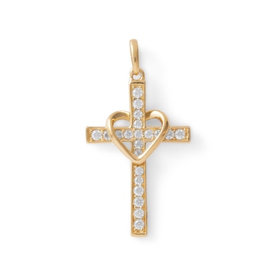 14K Gold Plated CZ Open Heart Cross Charm