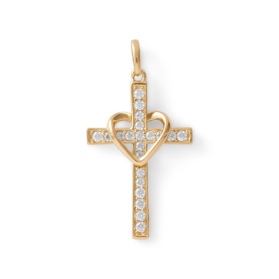 14K Gold Plated CZ Open Heart Cross Charm